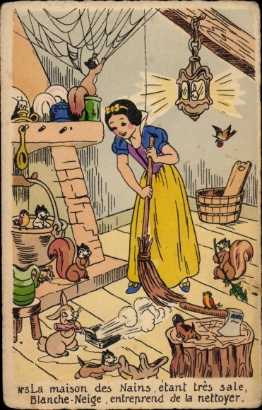 PC Walt Disney, Snow White and the Seven Dwarfs, broom, forest animals, living room
