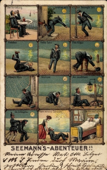 Postcard Seaman's Adventures, The Loading, Port Eviction, Challenging Sea, Keel Up, Fast Journey
