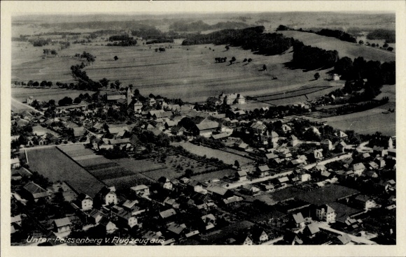 Postcard Peißenberg in Upper Bavaria, aerial photograph, Unter-Peißenberg