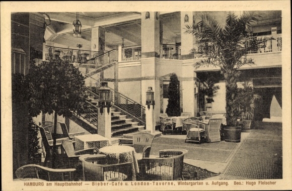 Postcard Hamburg Mitte St. Georg, Main Station, Bieber Cafe, London Tavern, Winter Garden, Entrance