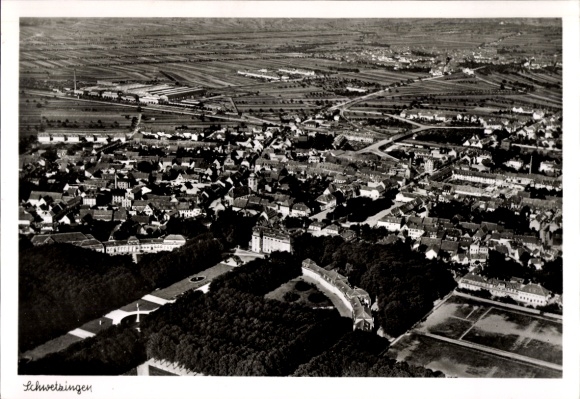 Postcard Schwetzingen in Baden, aerial view of cityscape, park, garden, buildings