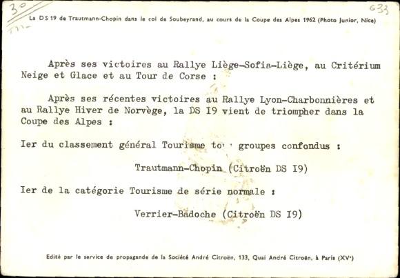 CPA La DS 19 de Trautmann-Chopin in de col de Soubeyrand, op de cours de la Coupe des Alpes 1962