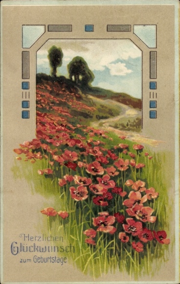 Embossed Postcard congratulations birthday, field of flowers, poppies