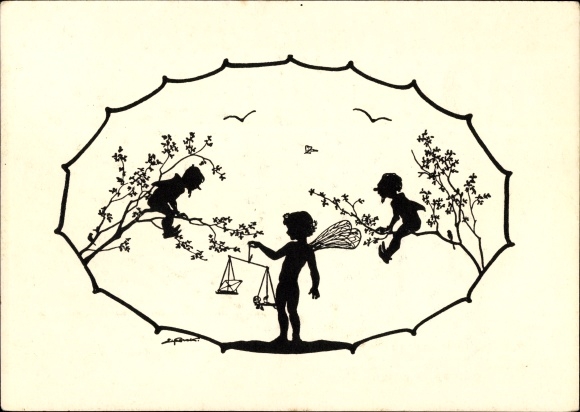 Paper cutting Postcard Forck, Elsbeth, elf child with letter scale, dwarves