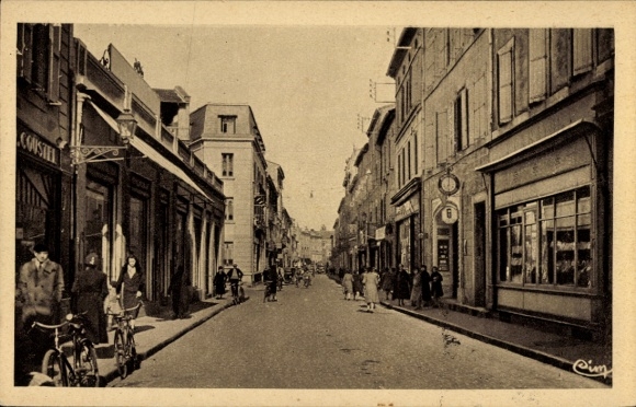 Postcard Mazamet Tarn, street with bicycles, shops, people, photo
