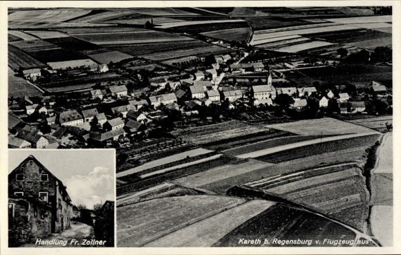 Postcard Kareth Lappersdorf near Regensburg, aerial view of Kareth, fields, shop Fr. Zollner, view