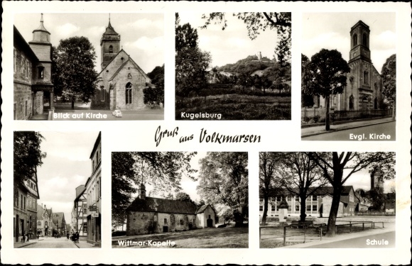 Postcard Volkmarsen in Hesse, view of the church, Kugelsburg, evangelical church, school, Wittmar chapel