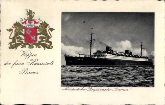 Embossed coat of arms Postcard steamship Bremen, Norddeutscher Lloyd