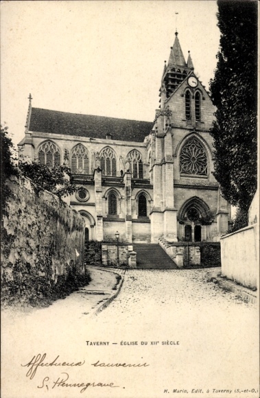 Ak Taverny Val d'Oise, Eglise du XII siècle, schwarz-weiß,  Architektur