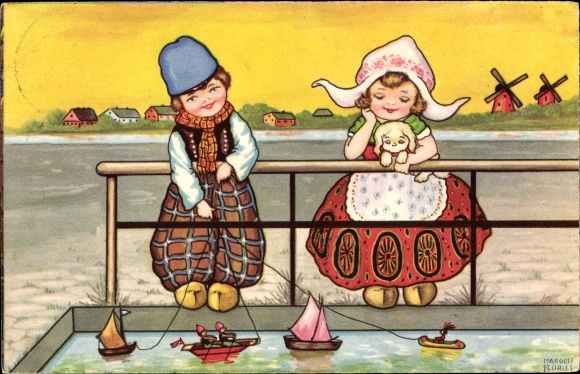 Kunstenaarskaart Boriss, Margret, jongen en meisje in Nederlandse klederdracht, Amag 0319