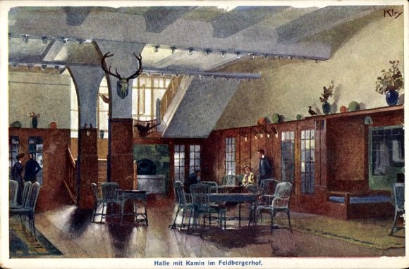 Künstler Ak Kley, Heinrich, Feldberg im Schwarzwald, Hotel Feldberger Hof, Halle mit Kamin