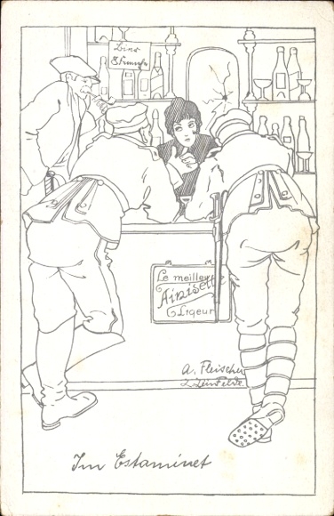 Artist Postcard Fleischer, French soldiers at the bar
