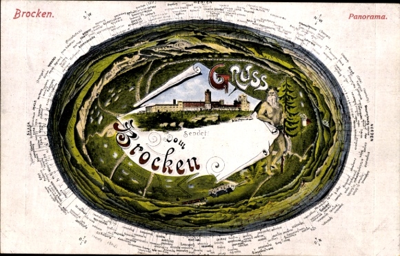 Maps Chromo-Litho Brocken Harz National Park, panoramic view, Kyffhäuser, Auerberg, Erfurt