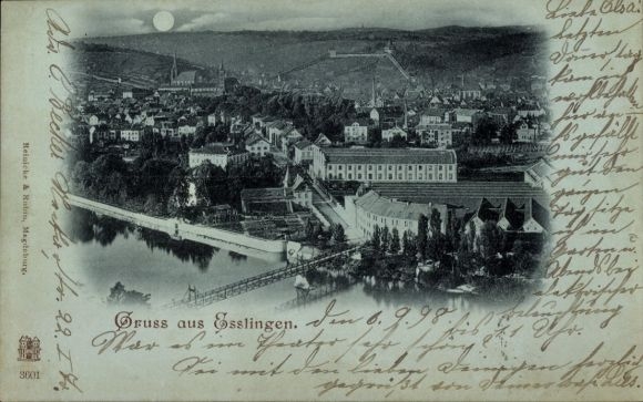 Ak Esslingen am Neckar, Stadtansicht von   Gebäude, Fluss, Brücke, Mond