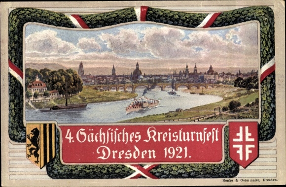Artist coat of arms PC Dresden, 4th Saxon district gymnastics festival 1921, city view from the small forest castle