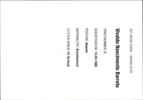 Autogrammkarte Fußballer Vivaldo Nascimento Barreto, Rot-Weiss Essen, Autogramm
