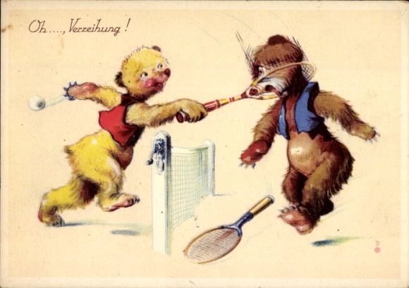Artist Postcard tennis court, humanized bears, tennis racket