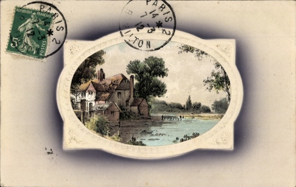 Präge Passepartout Litho Ortspartie, Haus am Wasser
