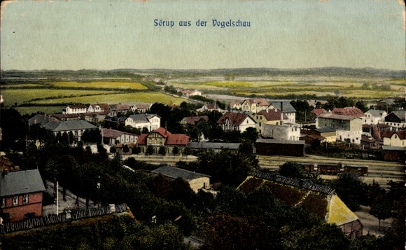 Ak Sörup in de visserij, panorama vanuit vogelperspectief, treinstation