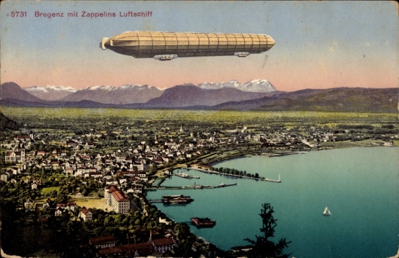 Postcard Bregenz on Lake Constance Vorarlberg, general view, Zeppelin over the city