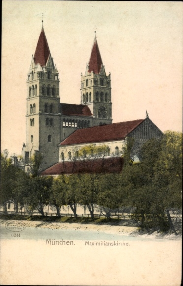 Ak München Maxvorstadt, Maximilianskirche, zwei Türme, Bäume im Vordergrund