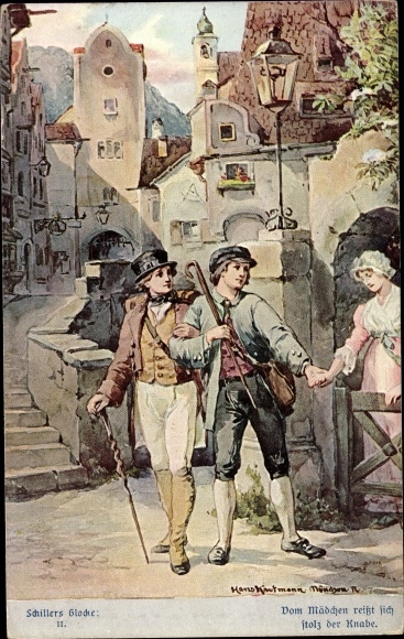 Kunstenaar Ansichtkaart Kaufmann, Hans, Schiller's bel II, De jongen scheurt zich trots los van het meisje
