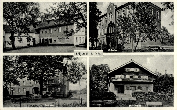 Postcard Ohorn in the district of Bautzen, city views, HJ Hitler Youth home, school, town hall