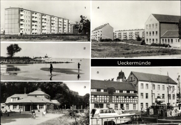 KP Ueckermünde na Pomorzu Przednim, różne widoki na budynki, plażę, port