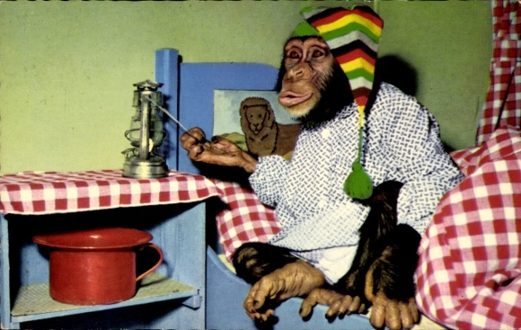 Postcard Humanized Chimpanzee in Bed, Nightgown, Nightcap, Chamber Pot