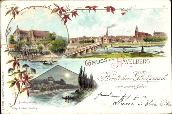 Litho Havelberg in Sachsen Anhalt, Stadtgraben, Dom, Teilansicht