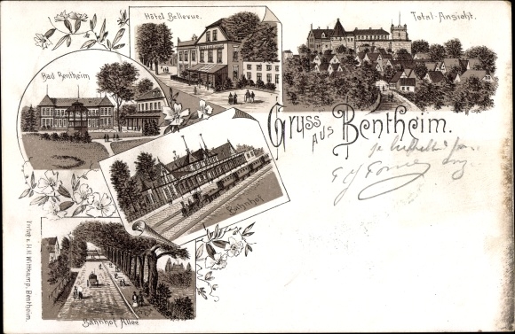 Litho Bad Bentheim in Niedersachsen, Hotel Bellevue, Bahnhof, Bahnhofallee, Gesamtansicht