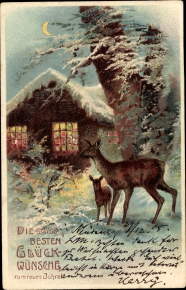 Litho Glückwunsch Neujahr, Rehe, verschneites Haus im Mondlicht