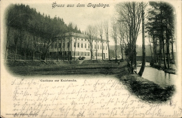 Postcard Zöblitz Marienberg in the Ore Mountains, Gasthaus zur Kniebreche, river, trees, greetings from the Ore Mountains