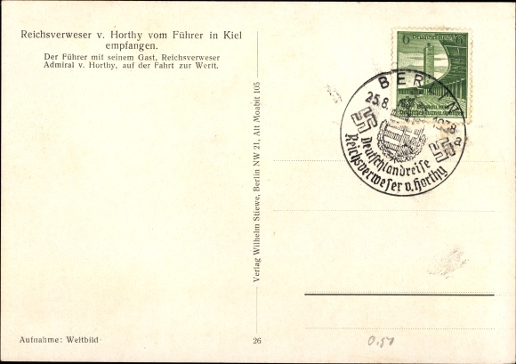 Postcard Hitler with Reichsverweser Admiral von Horthy, reception in Kiel, drive to the shipyard