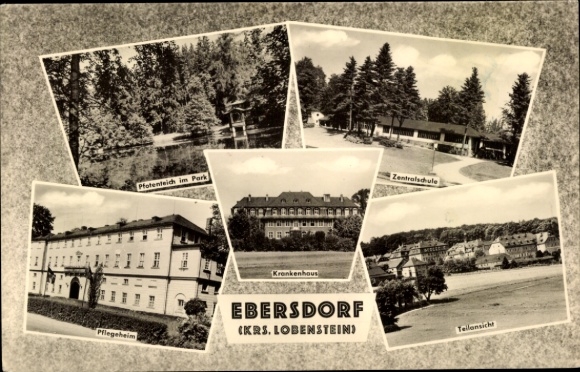 Postcard Friesau Ebersdorf Thuringia, Pfotenteich in the park, hospital, nursing home, central school, T...