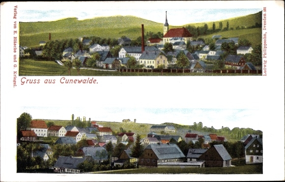Ak Cunewalde in de wijk Bautzen, totaaloverzicht van het dorp, kerk