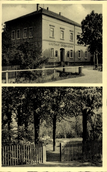 Postcard Berbisdorf Radeburg Saxony, inn simple architecture, fence, trees