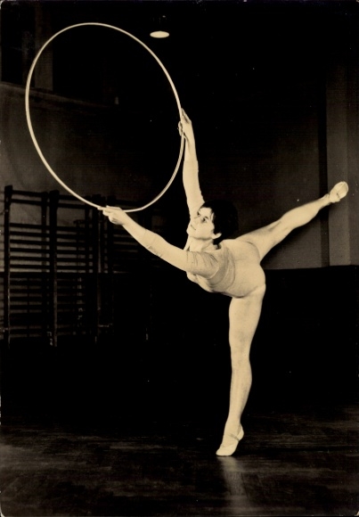 Postcard sports gymnastics, woman with hula hoop