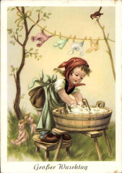 Postcard Big Laundry Day, girl washes doll clothes, washtub, clothesline, songbird
