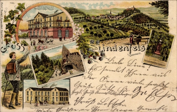Chromo-Litho Lindenfels in the Odenwald, Hotel Hessisches Haus, Castle Courtyard, Guest House to the Odenwalde