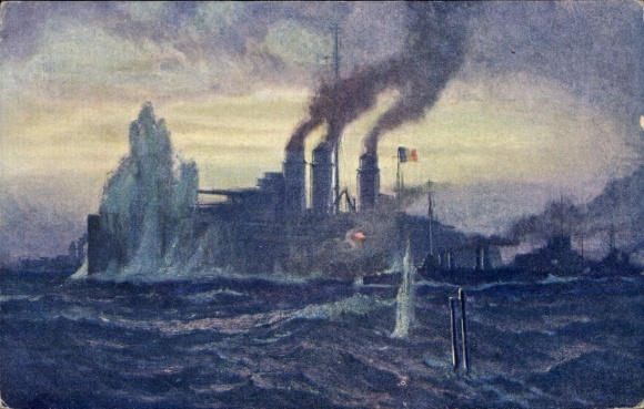 Künstler Ak U Boot, SMS U XIII lanziert den französischen Dreadnought Jean Bart