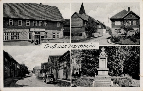 Ak Flarchheim am Hainich Thüringen,  mit vier Ansichten, Häuser, Statue, Straße, Gruß aus Flarchh