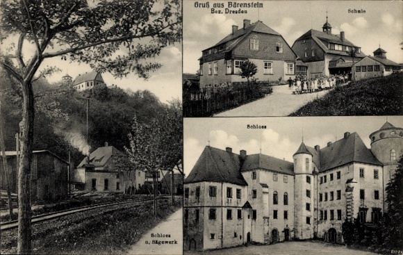 Postcard Bärenstein Altenberg Erzgebirge, castle, sawmill, school, church