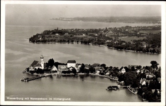 Postcard Wasserburg am Inn Upper Bavaria, aerial view of Nonnenhorn in the background, lake view