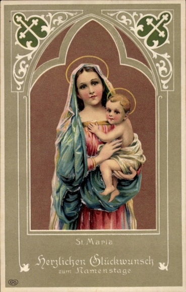 Embossed Passepartout Postcard congratulations name day, Mary with Jesus