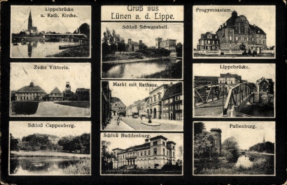 Postcard Lünen in Westphalia, Viktoria mine, Schwansbell castle, market, town hall, Lippe bridge