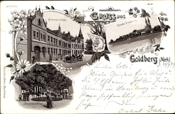 Chromo-Litho Goldberg in Mecklenburg, Brunnen-Hotel, Dobbertin Monastery, Brunnen-Allee