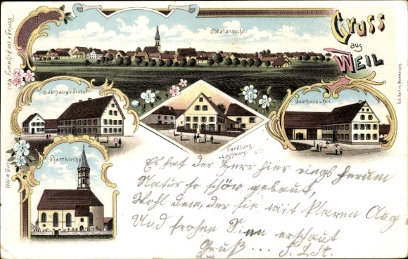 Chromo-Litho Weil in Upper Bavaria, Hoi inn, Schwarz shop, parish church, total view