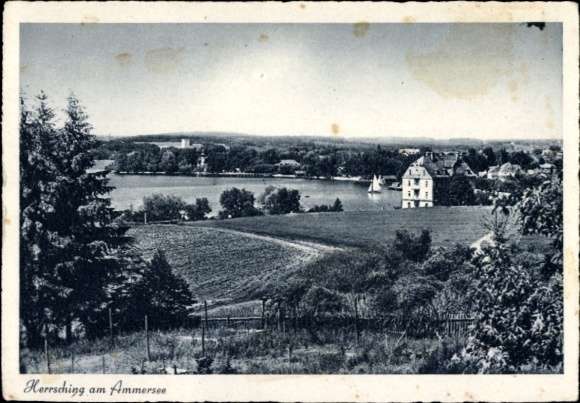 Postcard Herrsching am Ammersee, view over the Ammersee, building, sailboat, landscape