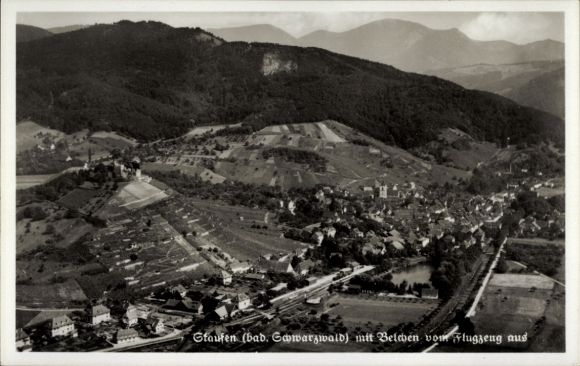 Postcard Staufen im Breisgau, aerial view of Staufen, hills, forests, Belchen, view